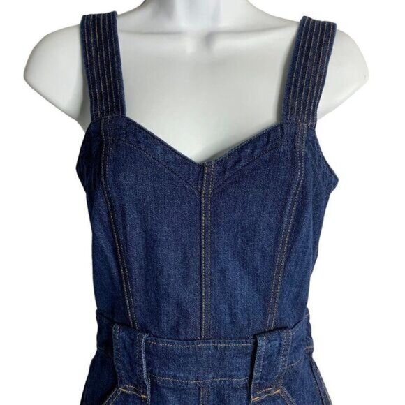 7 for All Mankind Retro Denim Jumpsuit 25 Med Wash Cropped Wide Leg Pockets Zip - Picture 2 of 9
